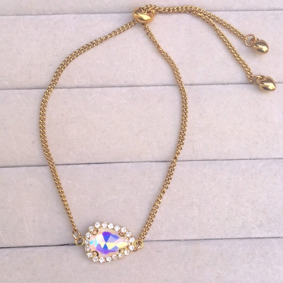 White Aurora Borealis Crystal Halo + Gold Pear Adjustable Boho Bracelet - Picture 10 of 13